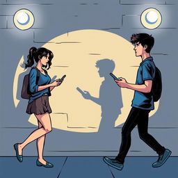 A young man walking to the right and a young woman walking to the left, both holding a phone in their hands