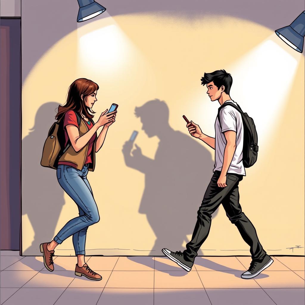 A young man walking to the right and a young woman walking to the left, both holding a phone in their hands