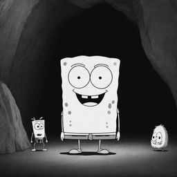 Doodlebob from SpongeBob SquarePants, sketched in a dark, mysterious cave, flanked on one side by a winged anime boy with striking white hair.