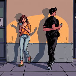 A young man walking to the right, moving away, and a young woman walking to the left, also moving away, both holding phones in their hands