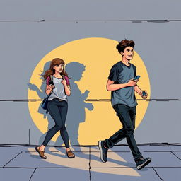 A young man walking to the right, moving away, and a young woman walking to the left, also moving away, both holding phones in their hands