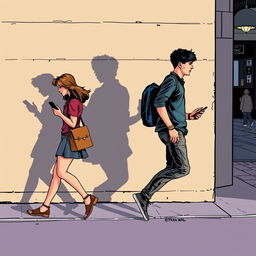 A young man walking to the right, moving away, and a young woman walking to the left, also moving away, both holding phones in their hands