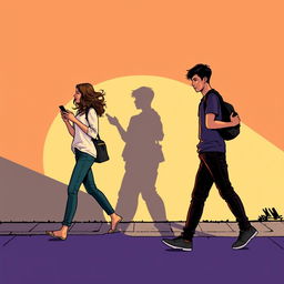 A young man walking to the right, moving away, and a young woman walking to the left, also moving away, both holding phones in their hands