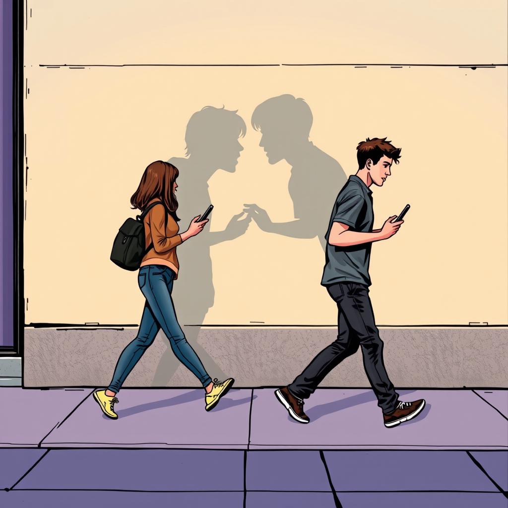 A young man walking to the right, moving away, and a young woman walking to the left, also moving away, both holding phones in their hands