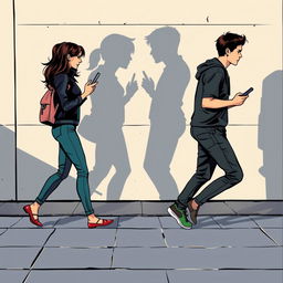 A young man walking to the right, moving away, and a young woman walking to the left, also moving away, both holding phones in their hands