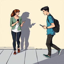 A young man walking to the right, moving away, and a young woman walking to the left, also moving away, both holding phones in their hands