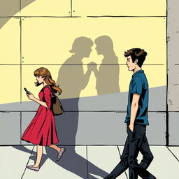 A young man walking to the right, moving away, and a young woman walking to the left, also moving away, both holding phones in their hands