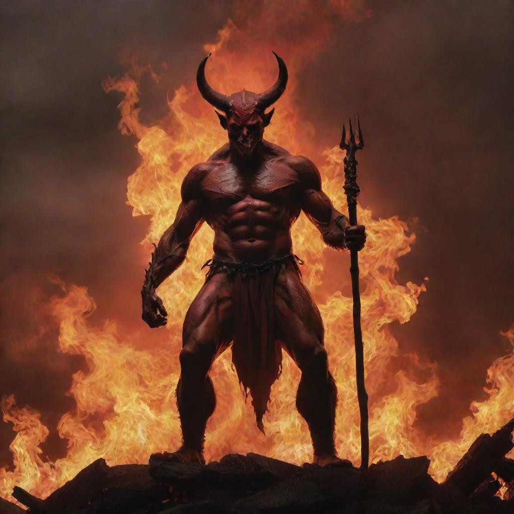 An artistic representation of a classic devil figure, complete with fiery red skin, horns, a pointed tail, and holding a pitchfork against a dramatic, hellish backdrop