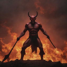 An artistic representation of a classic devil figure, complete with fiery red skin, horns, a pointed tail, and holding a pitchfork against a dramatic, hellish backdrop