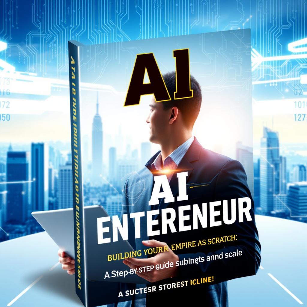 A captivating book cover design for "AI Entrepreneur: Building Your Digital Empire from Scratch" with a subtitle "A Step-by-Step Guide to Launching and Scaling a Successful AI Business Online"