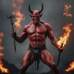 An artistic representation of a classic devil figure, complete with fiery red skin, horns, a pointed tail, and holding a pitchfork against a dramatic, hellish backdrop