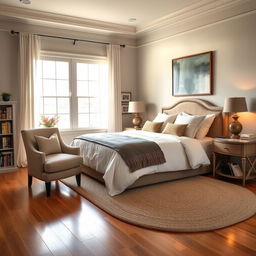 a cozy, elegant bedroom with a large, soft bed, adorned with plush pillows and a luxurious duvet