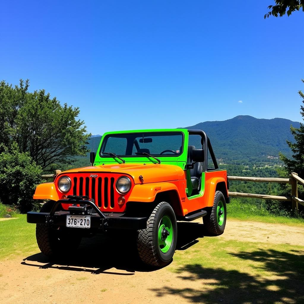 a vibrant orange and green jeep parked in a scenic outdoor setting, surrounded by lush greenery and a clear blue sky