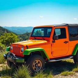 a vibrant orange and green jeep parked in a scenic outdoor setting, surrounded by lush greenery and a clear blue sky