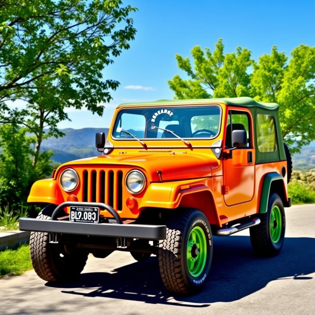 a vibrant orange and green jeep parked in a scenic outdoor setting, surrounded by lush greenery and a clear blue sky