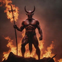 An artistic representation of a classic devil figure, complete with fiery red skin, horns, a pointed tail, and holding a pitchfork against a dramatic, hellish backdrop