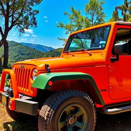 a vibrant orange and green jeep parked in a scenic outdoor setting, surrounded by lush greenery and a clear blue sky