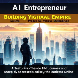 A detailed book cover illustration featuring a futuristic cityscape symbolizing a digital empire, with various AI elements such as circuits, binary code, and digital data patterns subtly integrated into the design