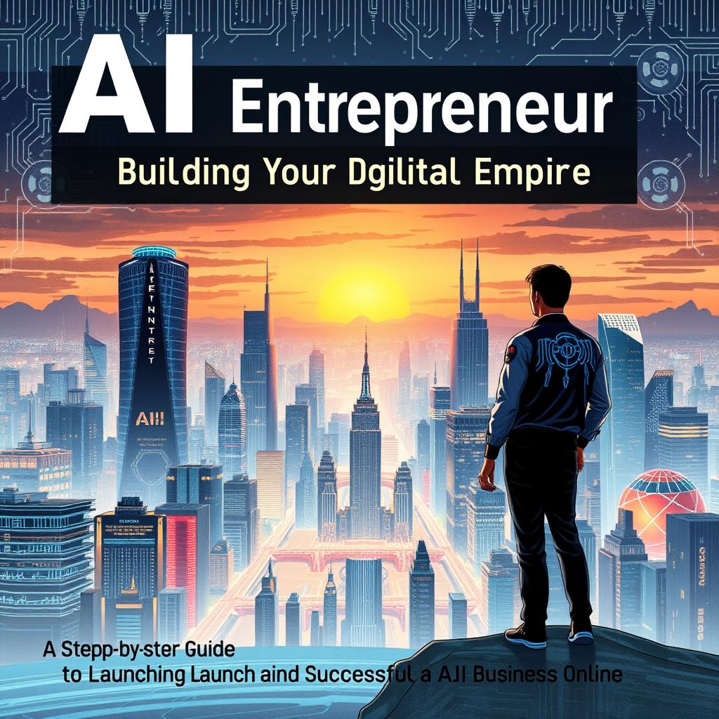 A detailed book cover illustration featuring a futuristic cityscape symbolizing a digital empire, with various AI elements such as circuits, binary code, and digital data patterns subtly integrated into the design