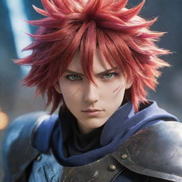 A dynamic anime hero with vibrant hair and striking eyes, ready for battle in a detailed fantasy setting.