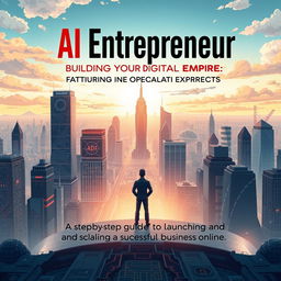 A detailed book cover illustration featuring a futuristic cityscape symbolizing a digital empire, with various AI elements such as circuits, binary code, and digital data patterns subtly integrated into the design