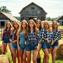 A group of attractive women showcasing their beauty in a picturesque farmhouse setting