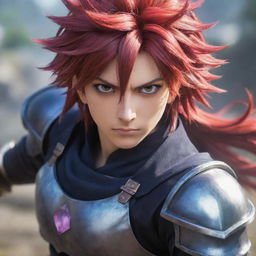 A dynamic anime hero with vibrant hair and striking eyes, ready for battle in a detailed fantasy setting.