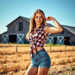 An attractive woman striking a confident pose in a scenic farm setting