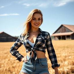 An attractive woman striking a confident pose in a scenic farm setting