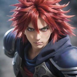 A dynamic anime hero with vibrant hair and striking eyes, ready for battle in a detailed fantasy setting.