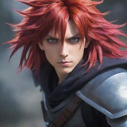 A dynamic anime hero with vibrant hair and striking eyes, ready for battle in a detailed fantasy setting.