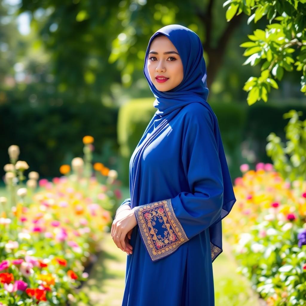 A beautiful woman wearing a traditional jilbab, standing gracefully in a sunlit garden