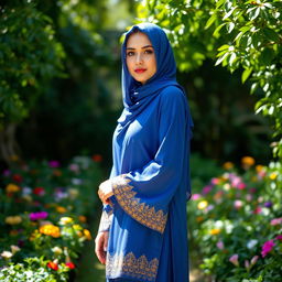 A beautiful woman wearing a traditional jilbab, standing gracefully in a sunlit garden