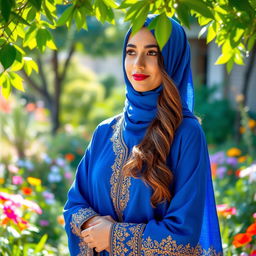 A beautiful woman wearing a traditional jilbab, standing gracefully in a sunlit garden