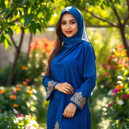 A beautiful woman wearing a traditional jilbab, standing gracefully in a sunlit garden