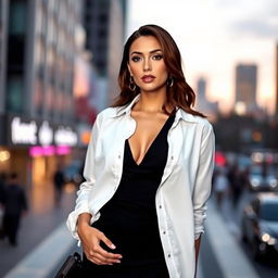 A confident woman wearing a white shirt with a stylish cleavage, paired with a black short skirt