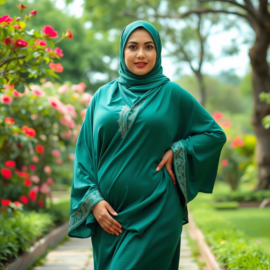 A captivating woman in a traditional jilbab, emphasizing her voluptuous figure, posed elegantly in a tranquil garden