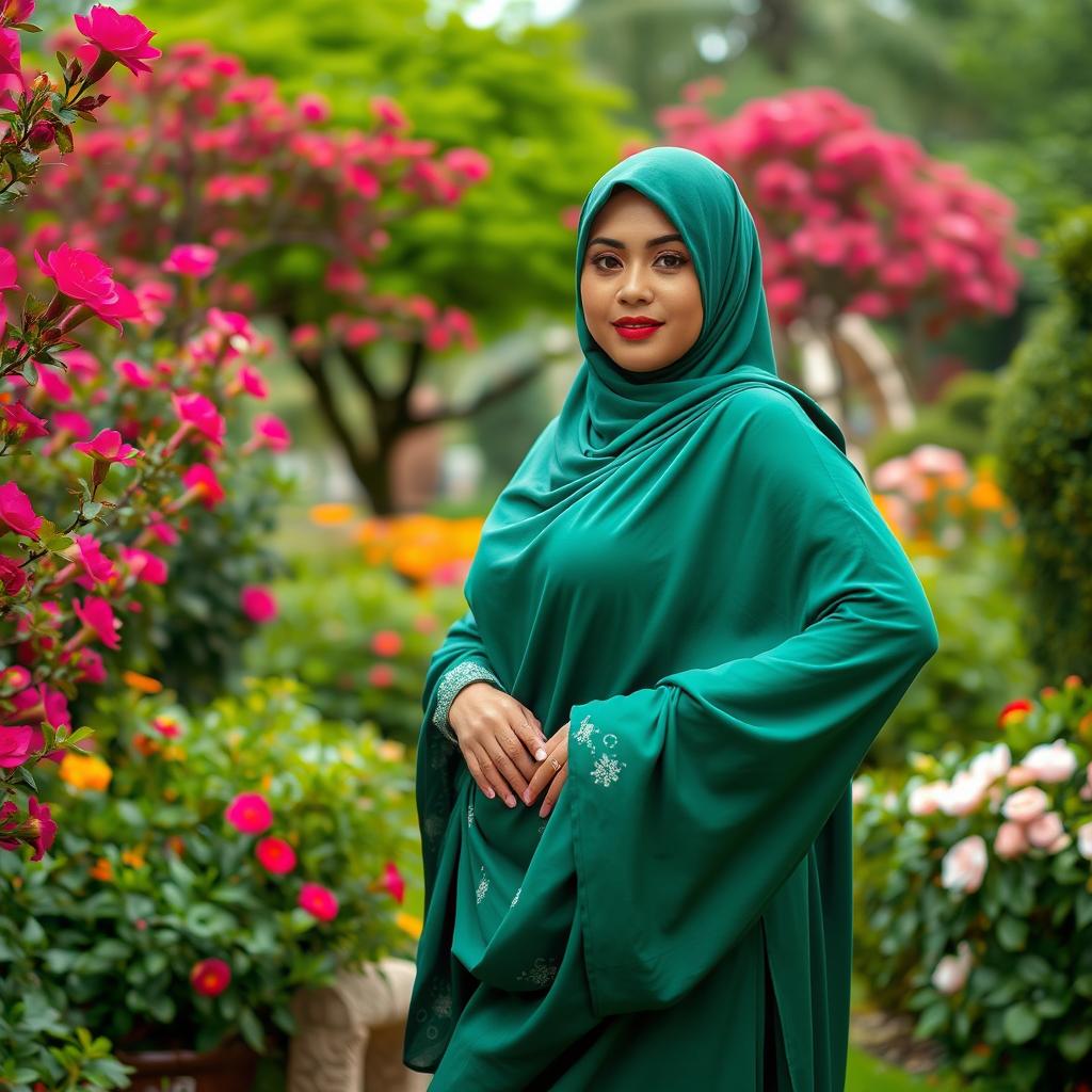 A captivating woman in a traditional jilbab, emphasizing her voluptuous figure, posed elegantly in a tranquil garden