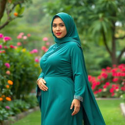 A captivating woman in a traditional jilbab, emphasizing her voluptuous figure, posed elegantly in a tranquil garden