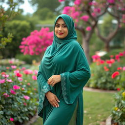 A captivating woman in a traditional jilbab, emphasizing her voluptuous figure, posed elegantly in a tranquil garden