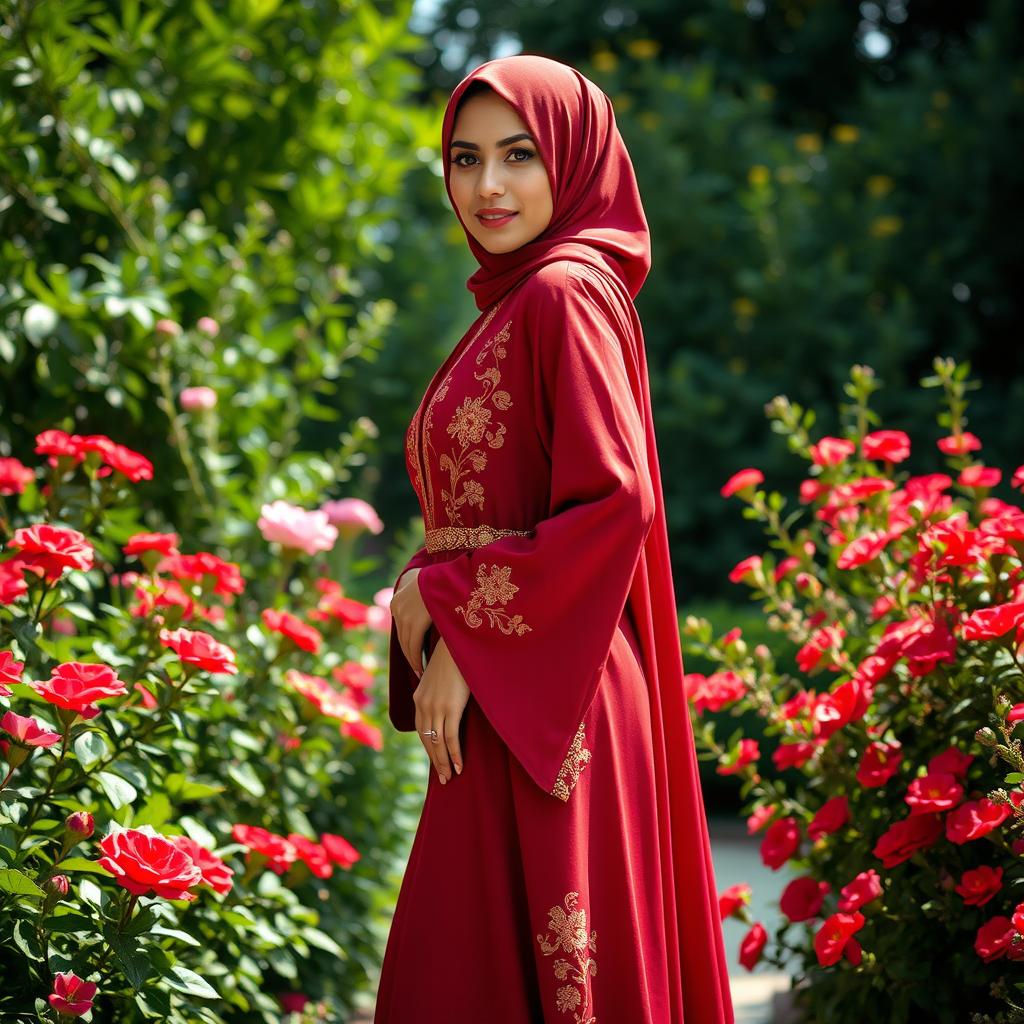 A sensuous woman dressed in a beautifully tailored jilbab, designed to elegantly accentuate her voluptuous figure