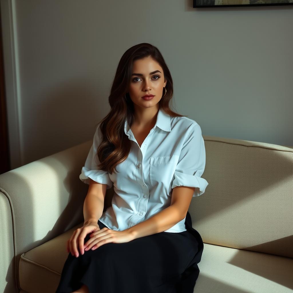 A woman sits on a sofa in a room, wearing a white Dutch shirt paired with a black skirt