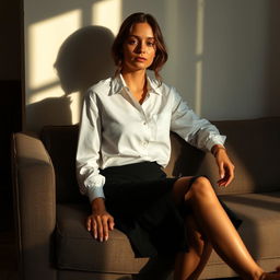 A woman sits on a sofa in a room, wearing a white Dutch shirt paired with a black skirt