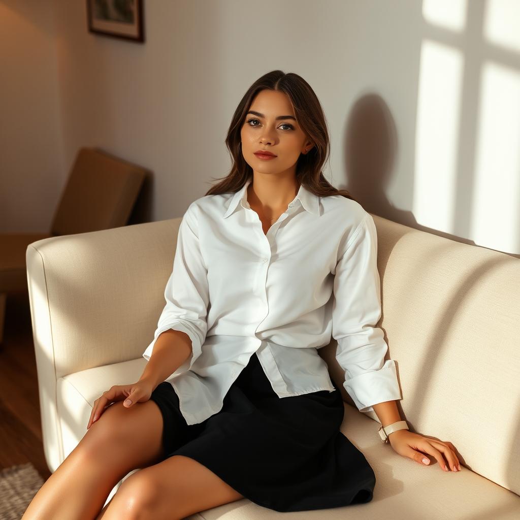 A woman sits on a sofa in a room, wearing a white Dutch shirt paired with a black skirt