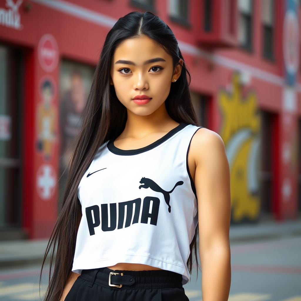 A white girl with long black hair wearing a stylish Puma tank top, posing confidently