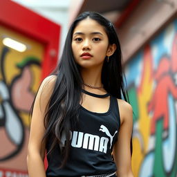 A white girl with long black hair wearing a stylish Puma tank top, posing confidently