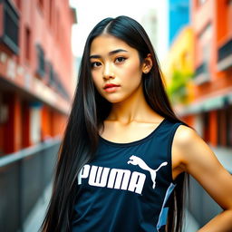 A white girl with long black hair wearing a stylish Puma tank top, posing confidently