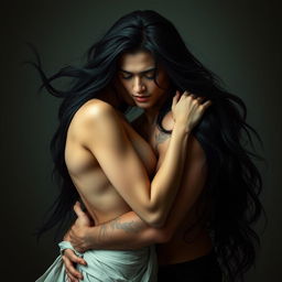 A passionate and intimate scene featuring a woman with long black hair and a man, showcasing a deeply sensual and emotional connection between them