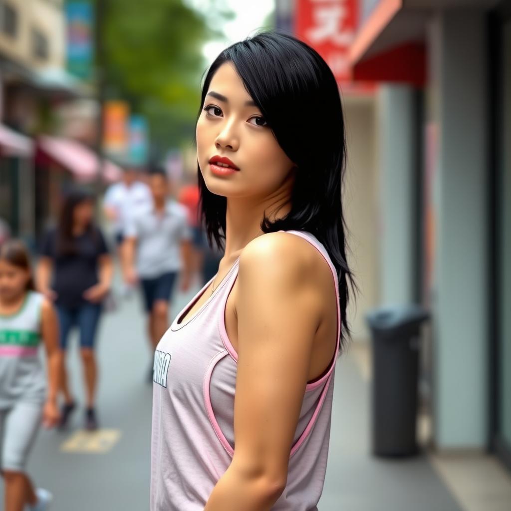 A white woman with sleek black hair wearing a trendy Puma tank top, standing in an urban street setting