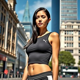 A white British woman with sleek black hair, wearing a form-fitting Puma tank top that accentuates her curves, standing against a backdrop of iconic London architecture